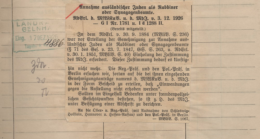 Runderlass des Preußischen Ministers für Wissenschaft, Kunst und Volksbildung und des Ministers des Innern zur Zulassung ausländischer Juden als Rabbiner oder Synagogenbeamte, 3. Dezember 1926