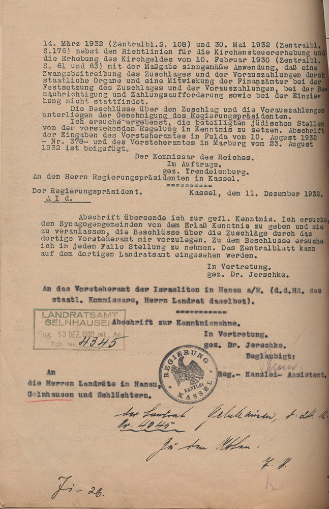 Erlass des Preußischen Ministers für Wissenschaft, Kunst und Volksbildung zum "Besteuerungsrecht der jüdischen Religionsgesellschaften im ehemaligen Kurhessen", 6. Dezember 1932