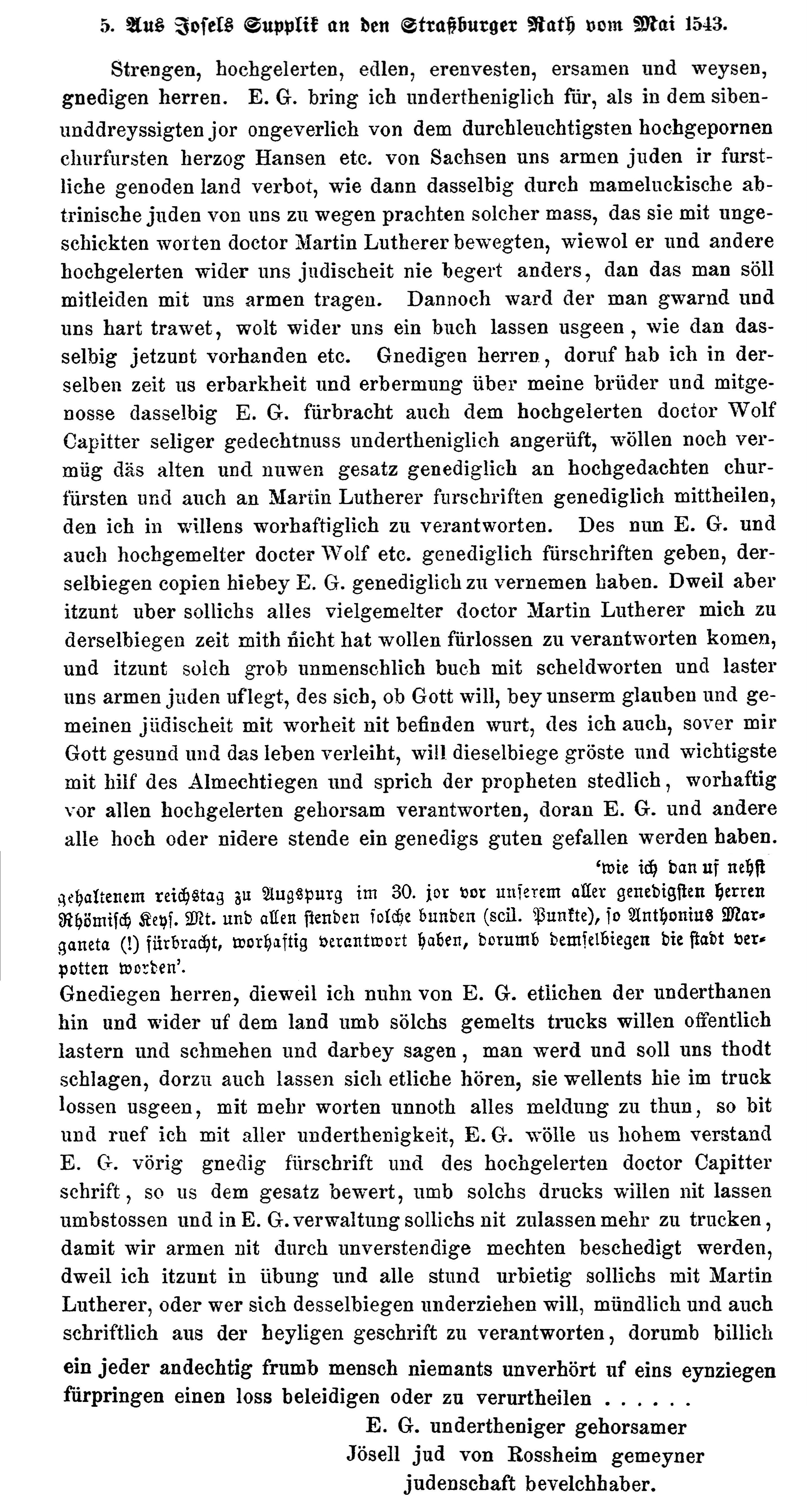 Josel an den Straßburger Rat wegen Luthers Schrift "Von den Juden und ihren Lügen", Mai 1543
