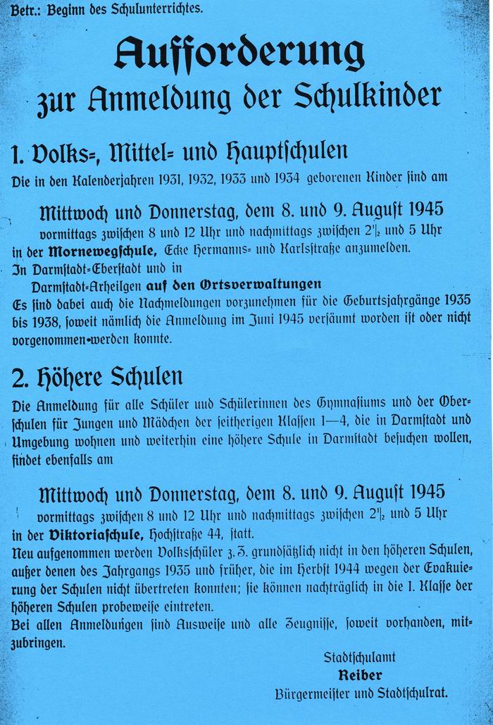 Anschlag: "Aufforderung zur Anmeldung der Schulkinder" für den 8. und 9. August 1945 in Darmstadt