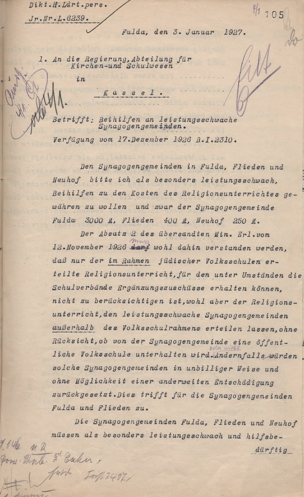 Schreiben des Landrats von Fulda an den Regierungspräsidenten in Kassel wegen der Unterstützung von leistungsschwachen Synagogengemeinden, 3. Januar 1927