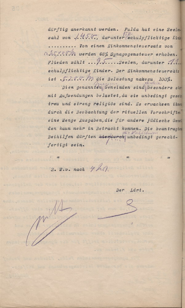 Schreiben des Landrats von Fulda an den Regierungspräsidenten in Kassel wegen der Unterstützung von leistungsschwachen Synagogengemeinden, 3. Januar 1927