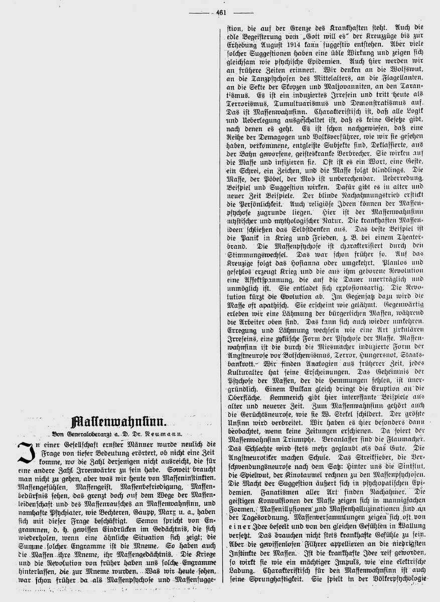 Artikel von Dr. Neumann "Massenwahnsinn" zur Erklärung des Antisemitismus in Allgemeine Zeitung des Judentums, 8. Oktober 1919