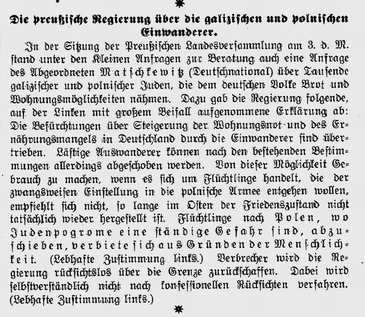Zeitungsnotiz zur Debatte in der Preußischen Landesversammlung Thema "Ostjuden" in Allgemeine Zeitung des Judentums, 8. Oktober 1919