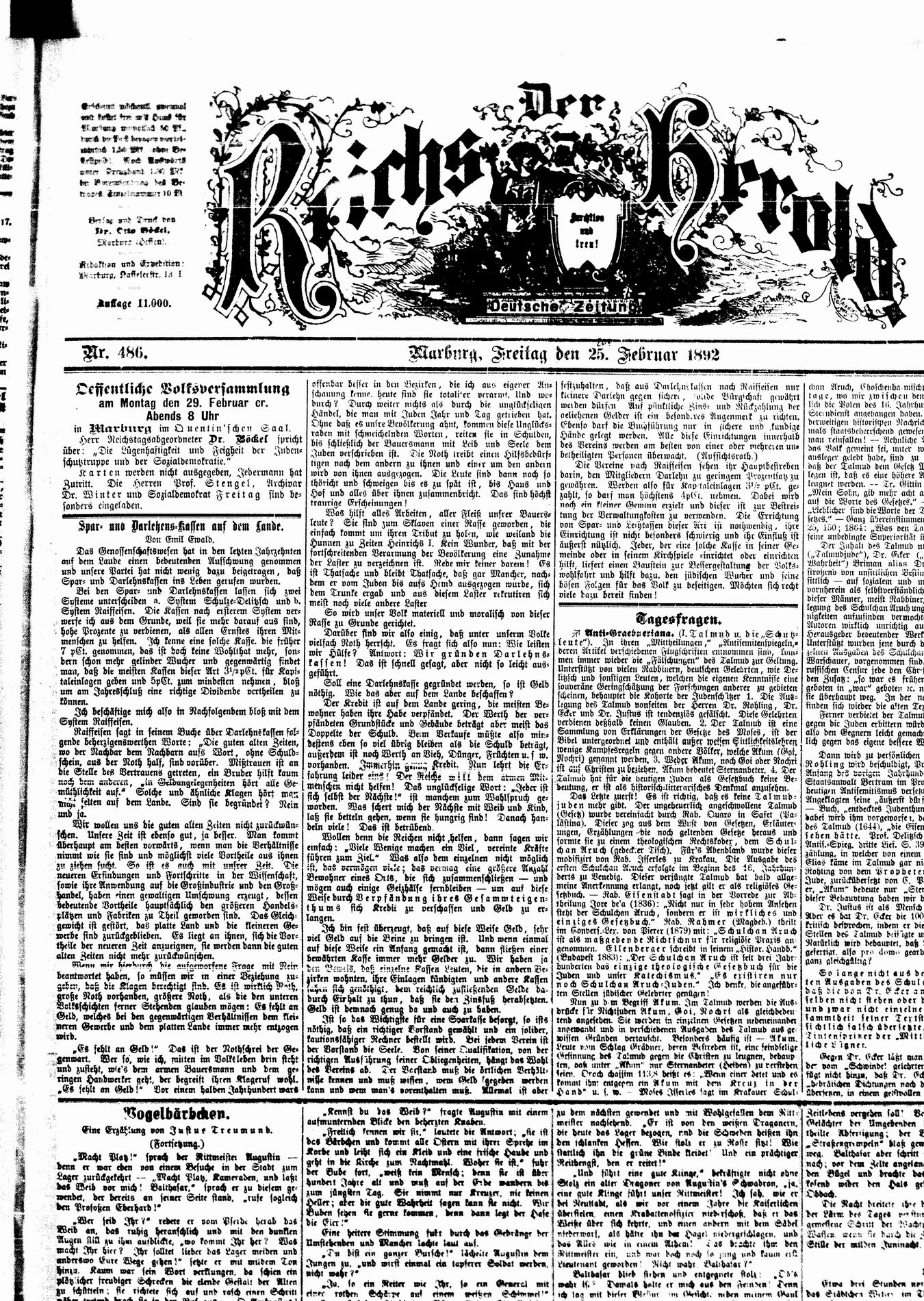 Zeitungsberichte zu einer öffentlichen Versammlung des Reichstagsabgeordneten Otto Böckel in Marburg, 29.2.1892