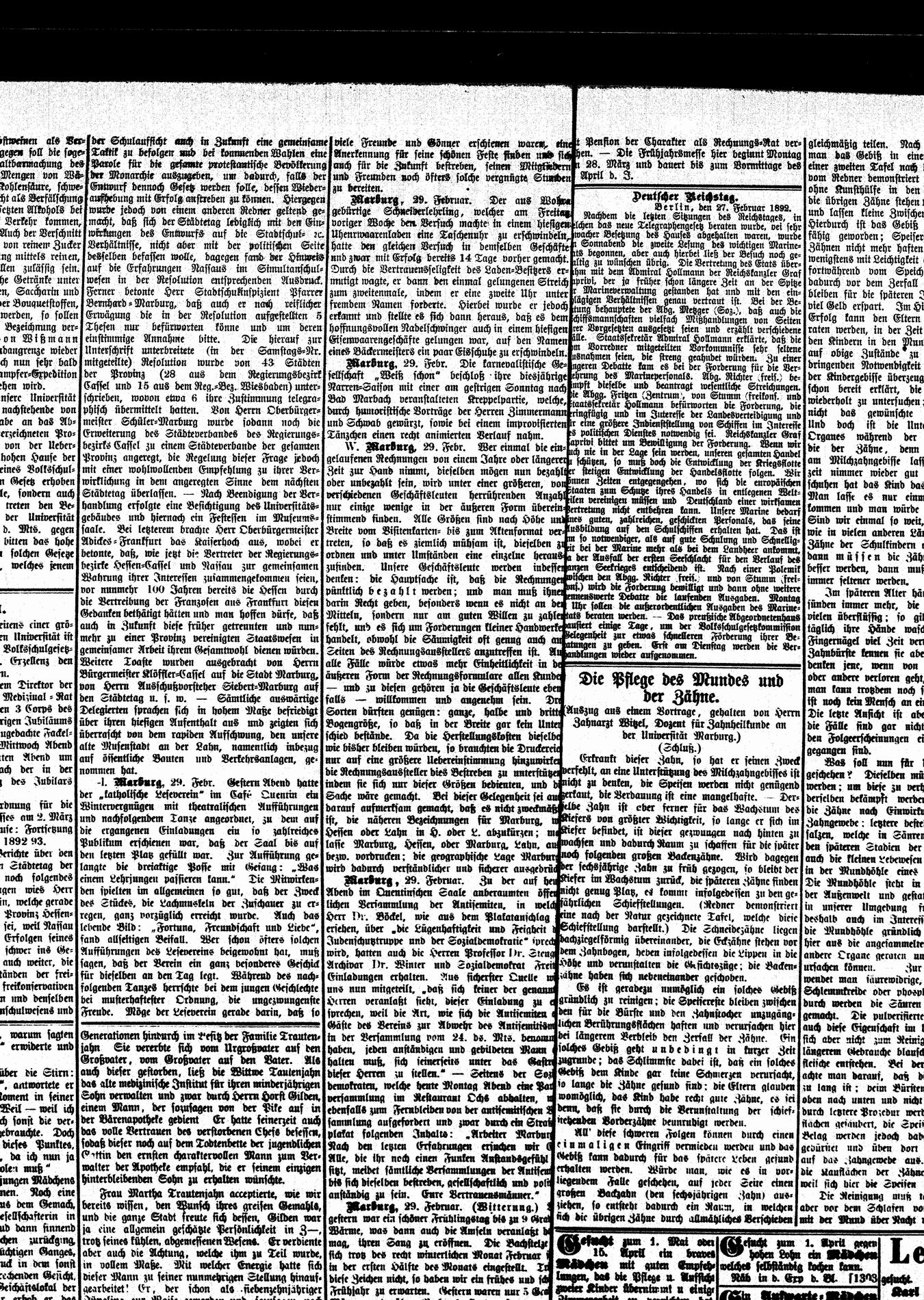 Zeitungsberichte zu einer öffentlichen Versammlung des Reichstagsabgeordneten Otto Böckel in Marburg, 29.2.1892