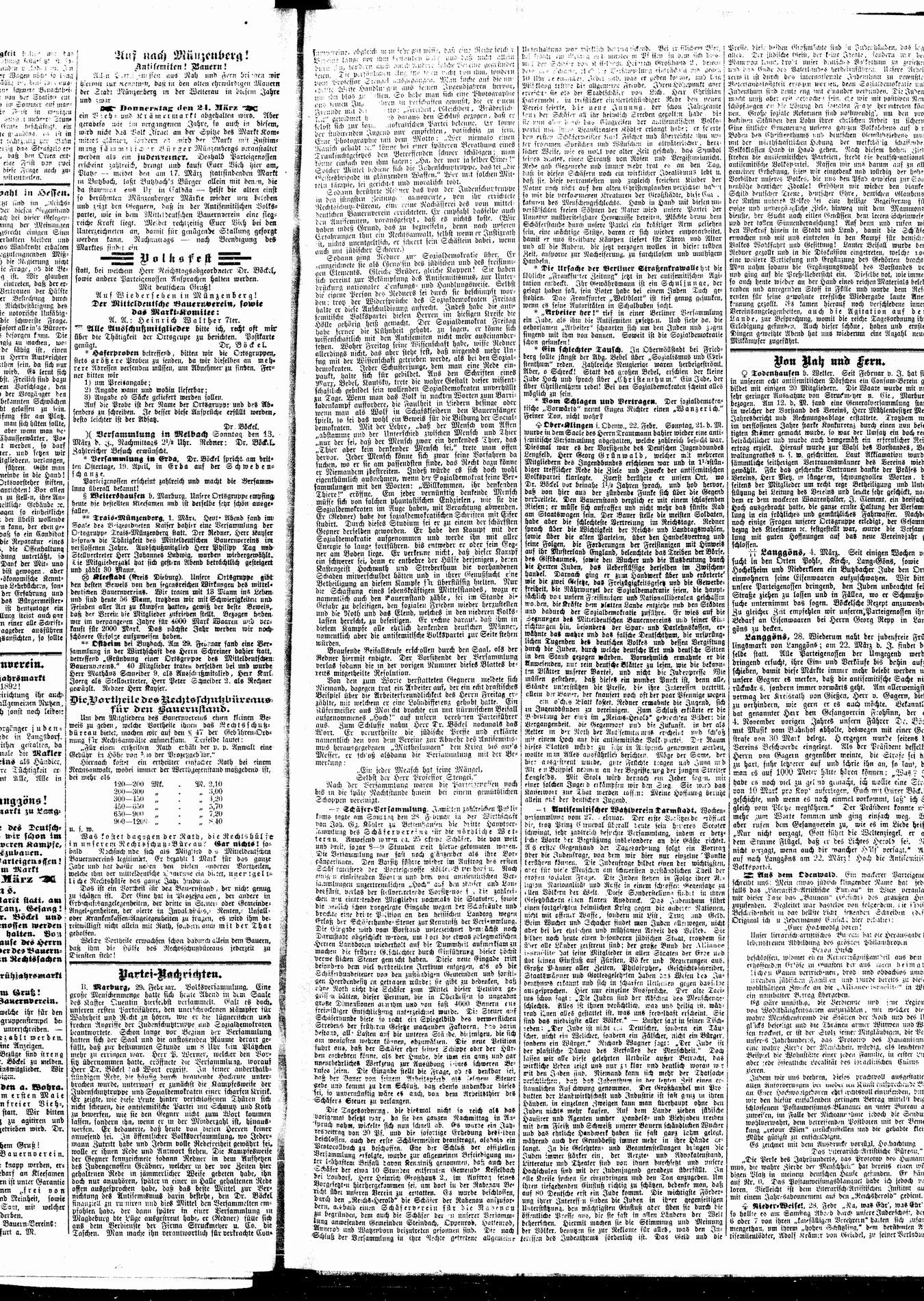 Zeitungsberichte zu einer öffentlichen Versammlung des Reichstagsabgeordneten Otto Böckel in Marburg, 29.2.1892