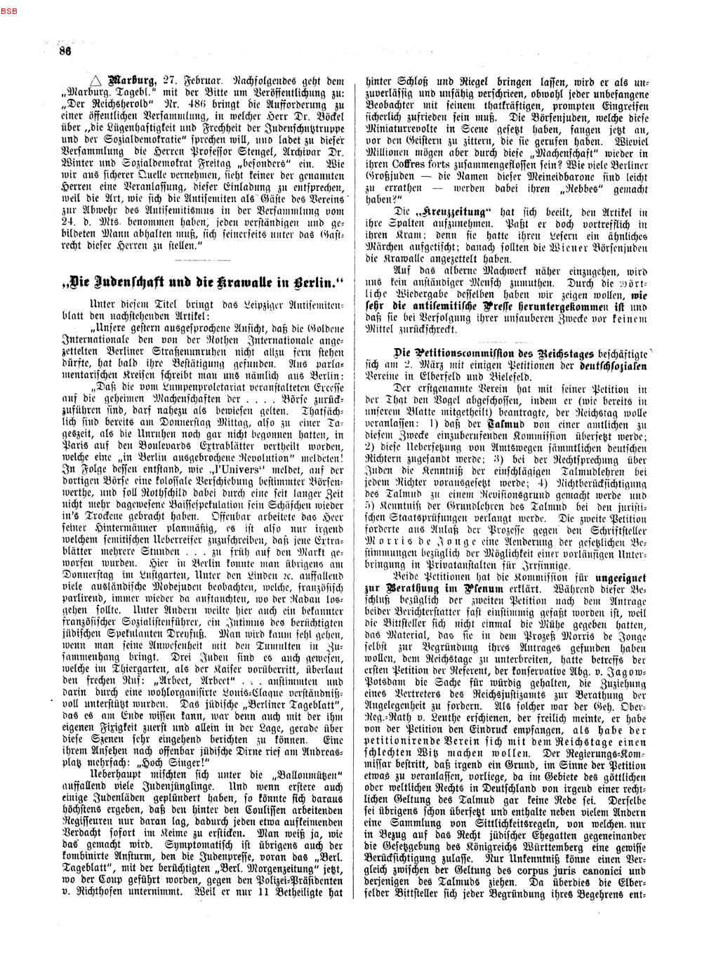 Zeitungsberichte zu einer öffentlichen Versammlung des Reichstagsabgeordneten Otto Böckel in Marburg, 29.2.1892