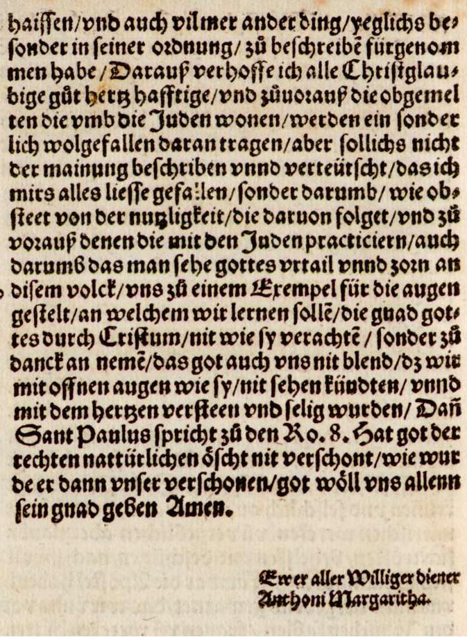 Auszüge aus Antonius Margarithas Schrift "Der gantz Jüdisch glaub", Augsburg 1530 (erster Druck)