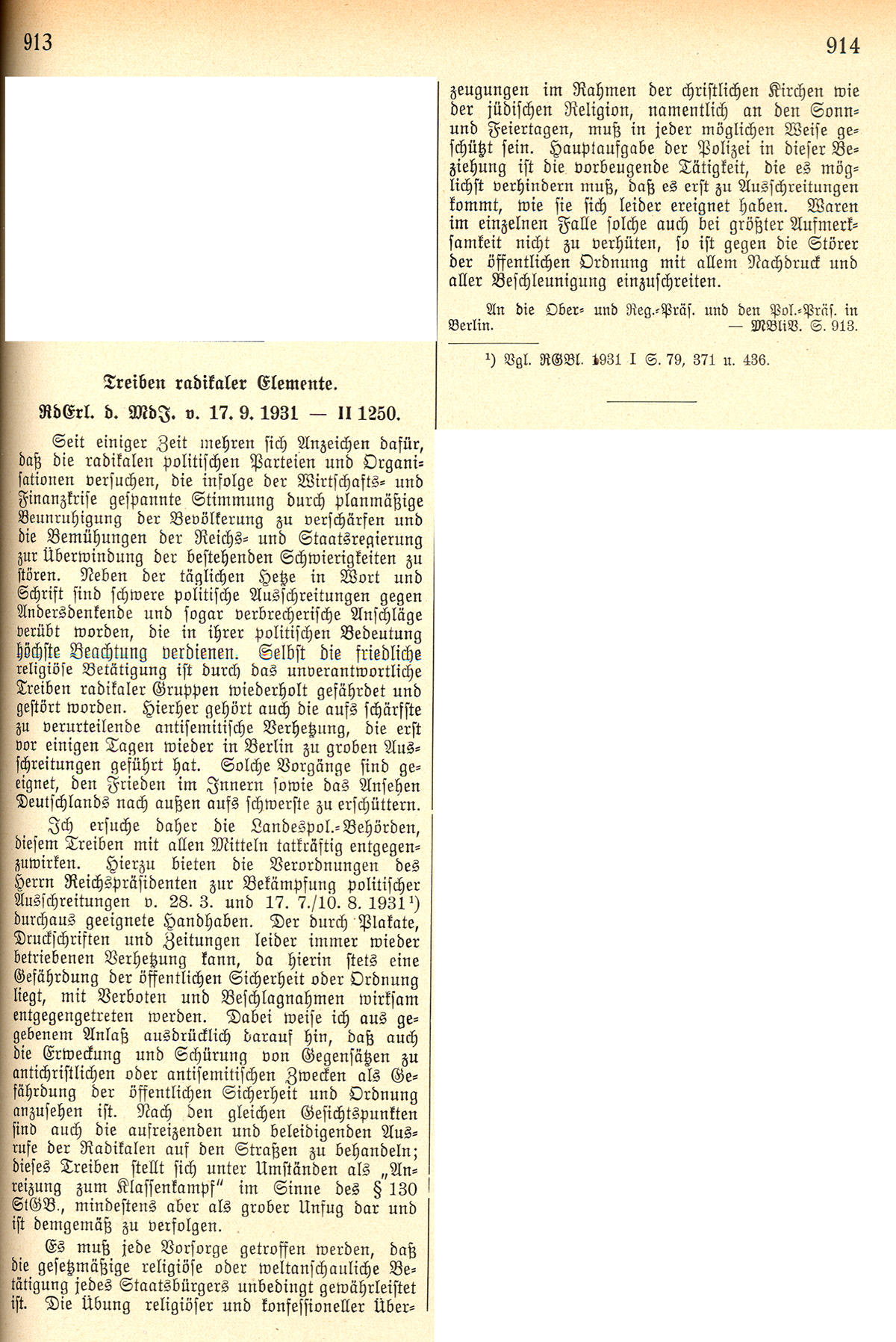 Runderlass des Preußischen Innenministers " Treiben radikaler Elemente" gegen antisemitische Hetze, 17. September 1931