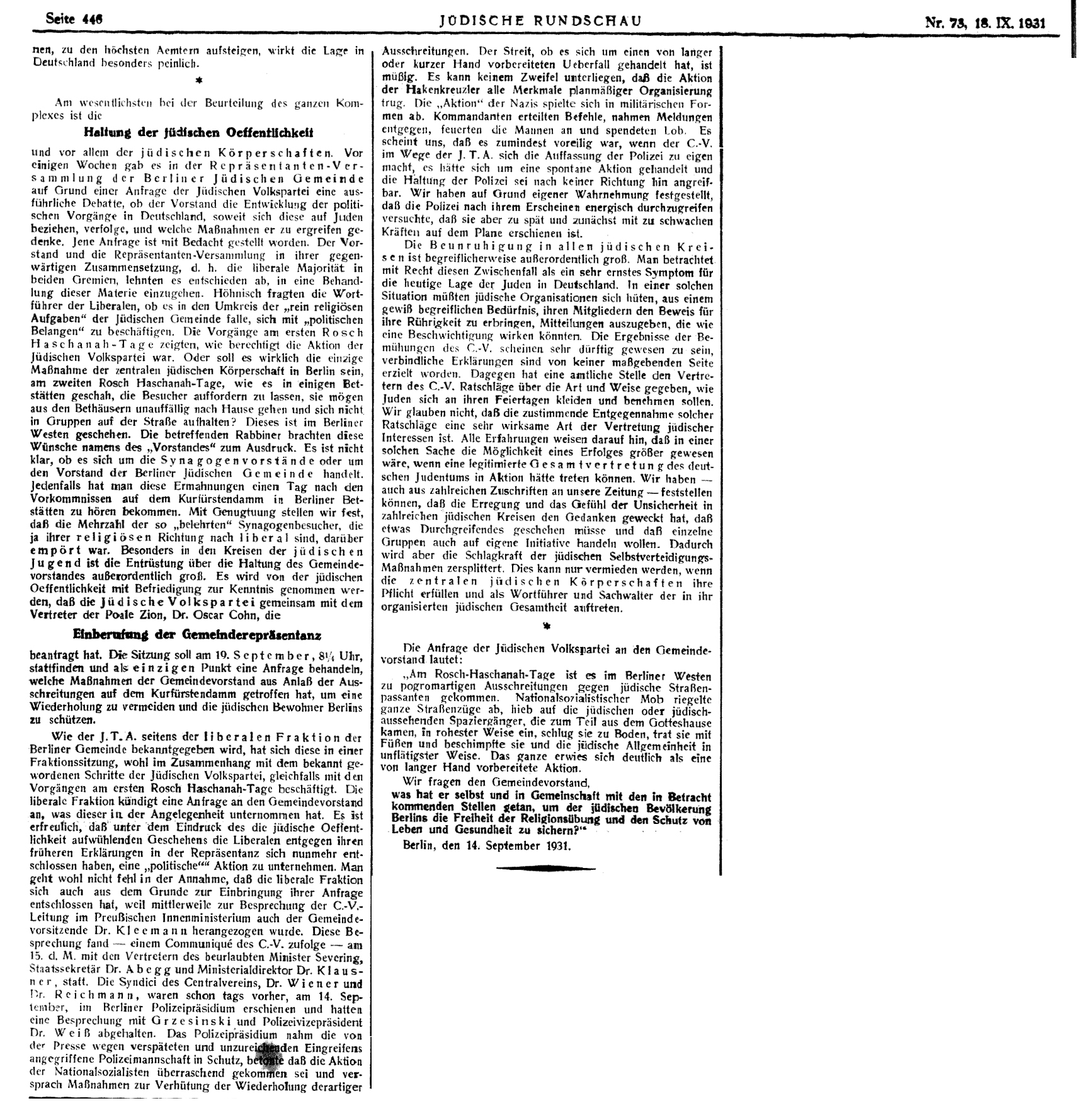 Zeitungsartikel aus "Jüdische Rundschau" zu antisemitischen Ausschreitungen in Berlin, 15. und 18. September 1931