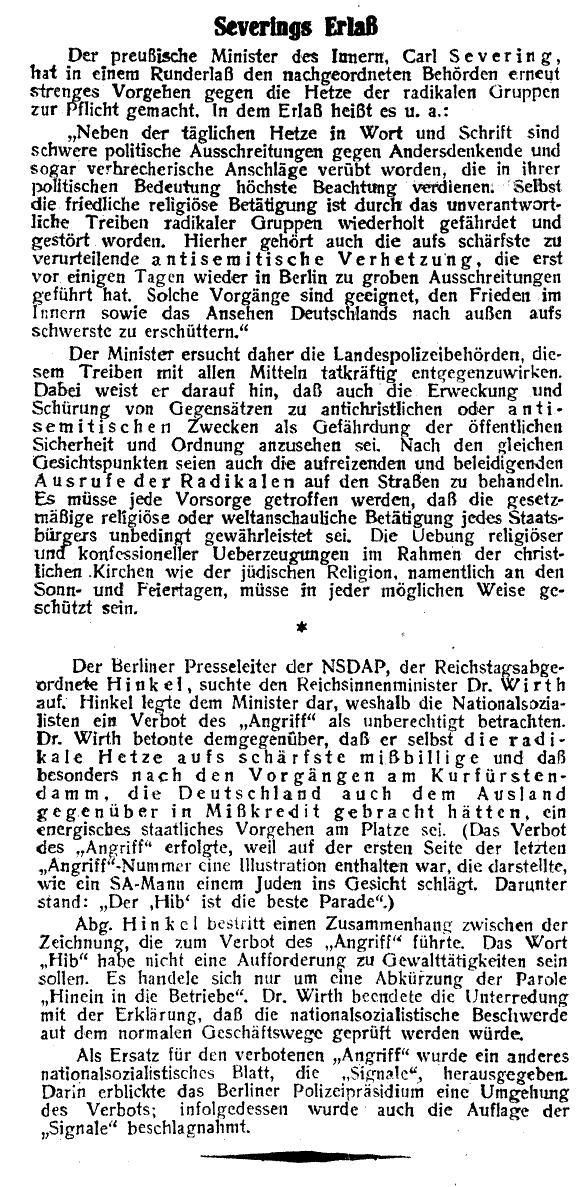 Zeitungsartikel in "Jüdische Rundschau" zum Erlass des preußischen Ministers gegen antisemitische Ausschreitungen, 25. September 1931