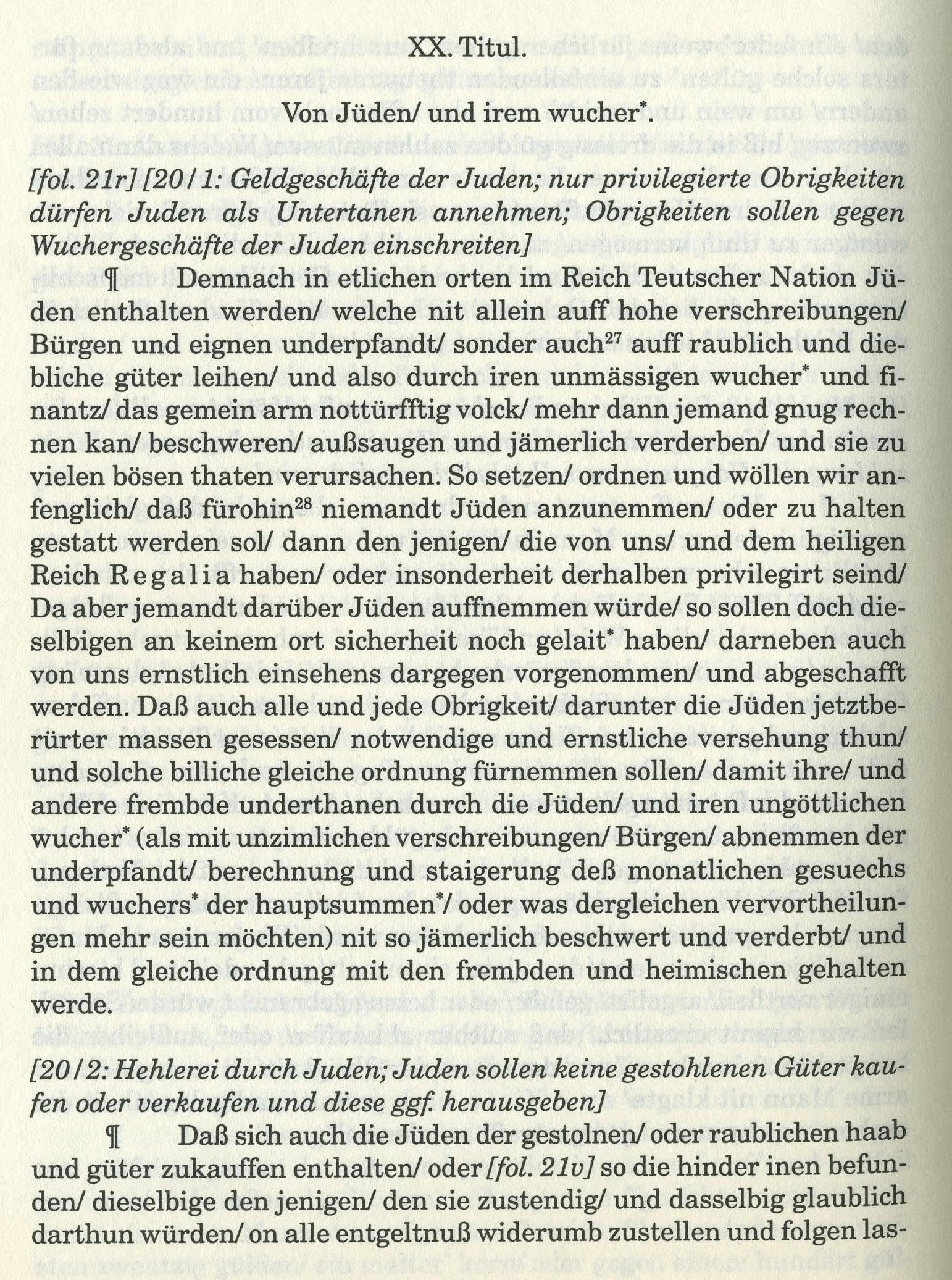 Artikel 20. der Reichspolizeiordnung von Frankfurt am Main 1577 betreffend Juden: Von Jüden/ und irem wucher (Art.20)