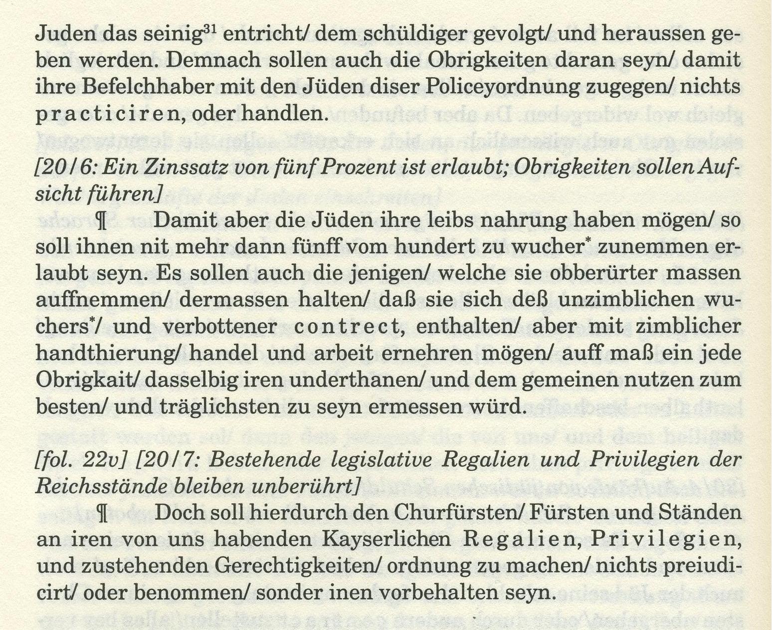 Artikel 20. der Reichspolizeiordnung von Frankfurt am Main 1577 betreffend Juden: Von Jüden/ und irem wucher (Art.20)