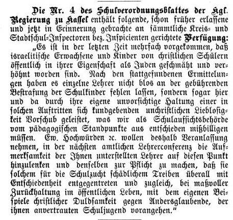 Verfügung der Kgl. Regierung zu Kassel betr. Verpflichtung der Lehrerschaft  zur Unterbindung antijüdischer Schmähungen von Seiten christlicher Schüler,  21.10.1891