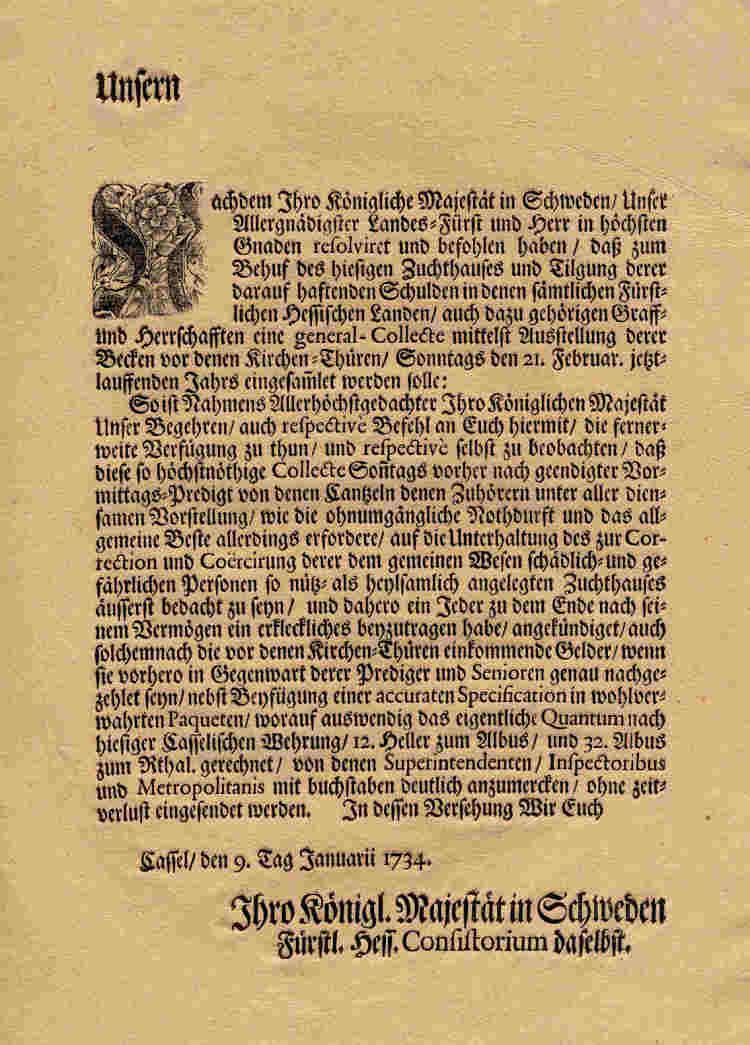 Ausschreiben des landgräflichen Konsistoriums zu Kassel über die Sammlung einer Generalkollekte vor den Kirchentüren zur Tilgung der Schulden des Zuchthauses in Kassel