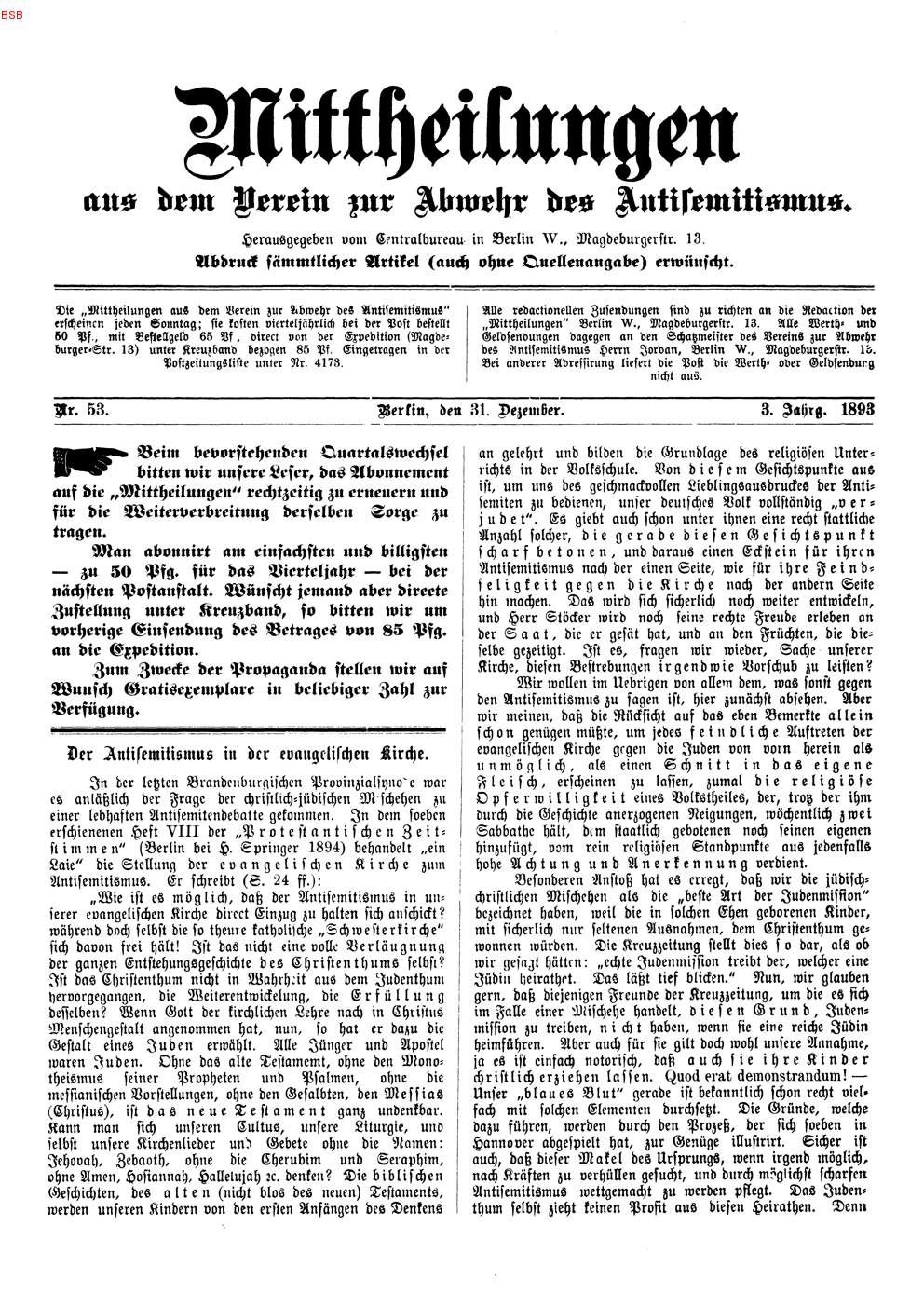 Artikel "Der Antisemitismus in der evangelischen Kirche" in den Mitteilungen aus dem Verein zur Abwehr des Antisemitismus, 31. Dezember 1893.