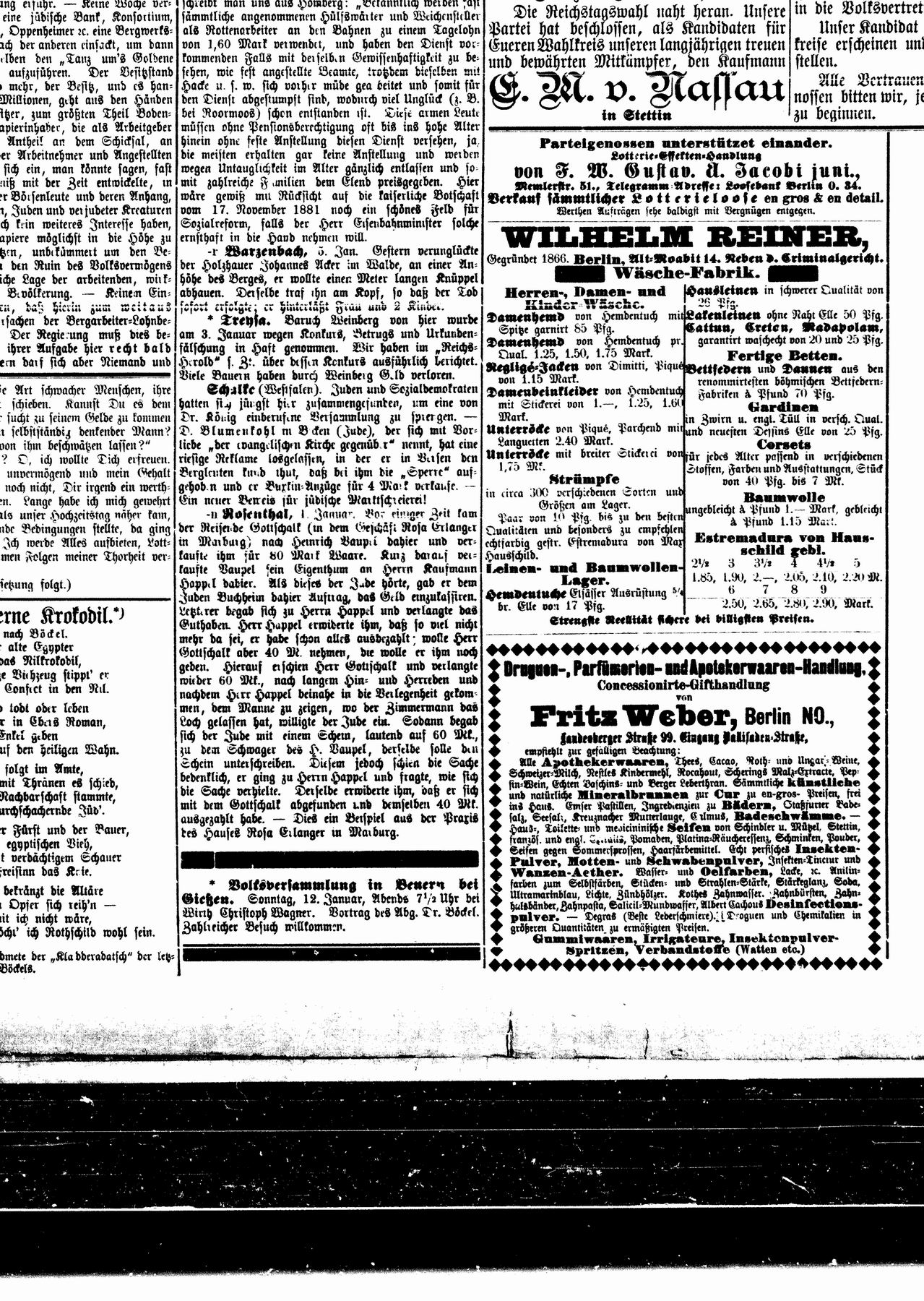 Artikel aus dem Reichsherold, dessen Inhalt die darin genannten Personen zu einer Anklage Böckels wegen Beleidigung vor dem Amtsgericht Marburg bewegte, 10. Januar 1890.