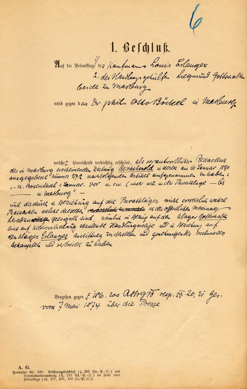 Anklageschrift des Amtsgerichts Marburg gegen Otto Böckel wegen Beleidigung, 5. April 1890.