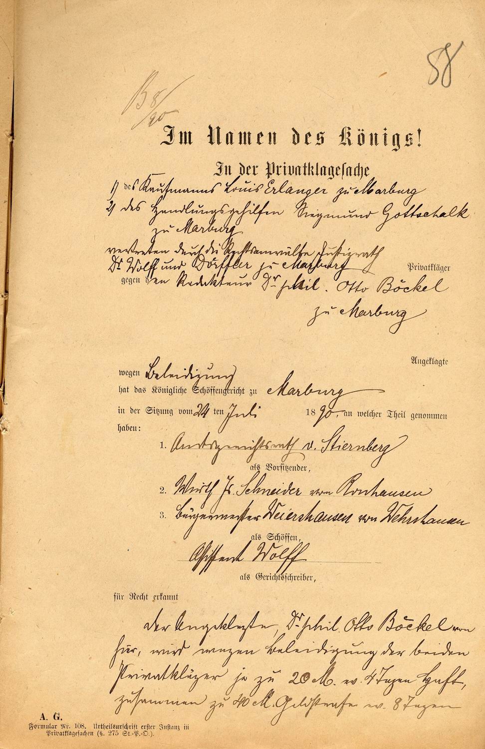 Auszug aus dem Urteilsspruch des Amtsgerichts Marburg in der Privatklage der Juden Erlanger und Gottschalk gegen Otto Böckel wegen Beleidigung, 24. Juli 1890.