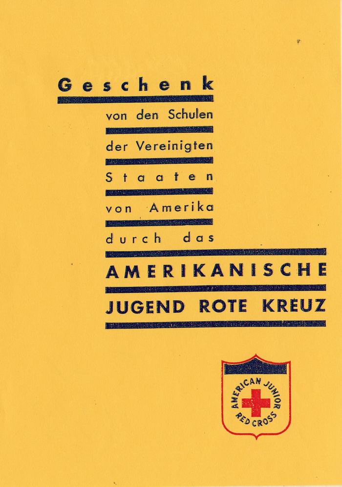 Deckblatt eines Schulheftes "Geschenk von den Schulen der Vereinigten Staaten von Amerika"