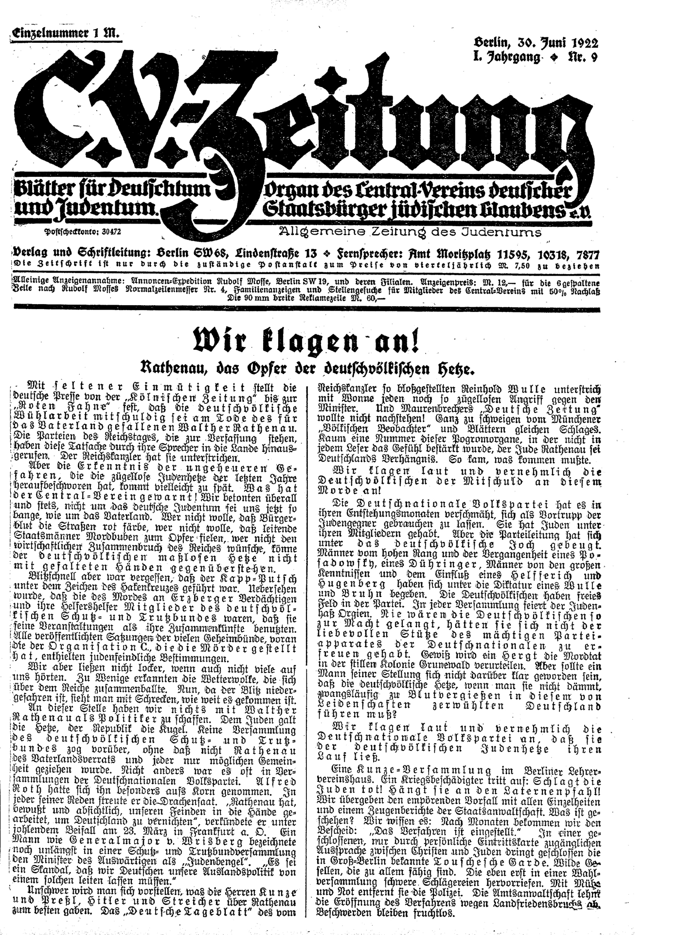 Leitartikel der CV-Zeitung "Wir klagen an! Rathenau das Opfer der deutschvölkischen Hetze", 30. Juni 1922