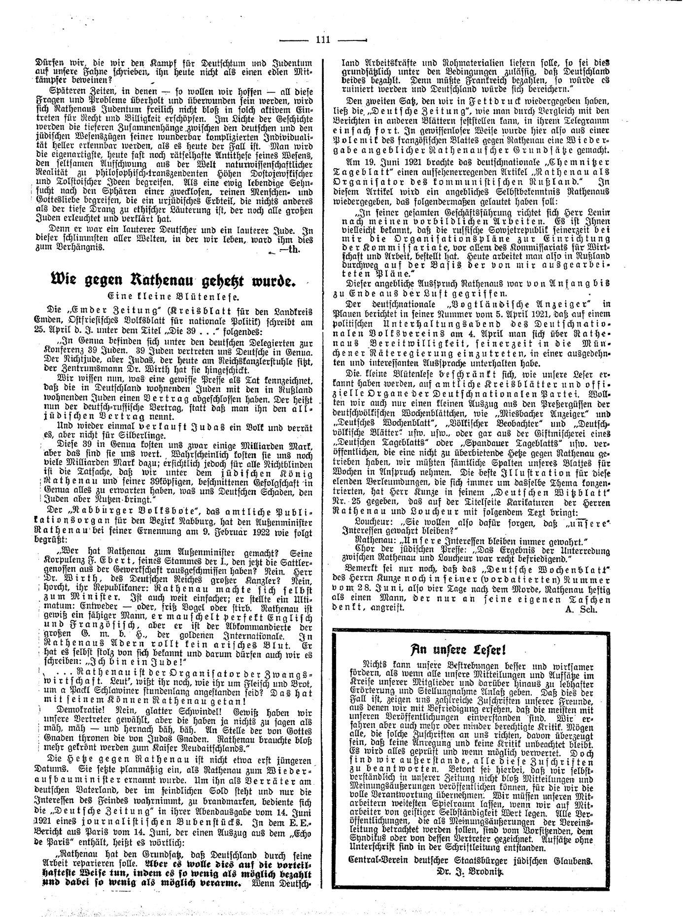 Artikel der CV-Zeitung "Walther Rathenau und das Judentum", 30. Juni 1922