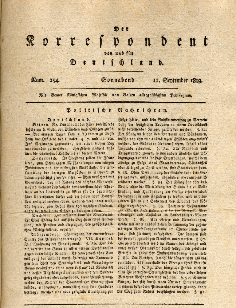 Der Korrespondent von und für Deutschland, Nachrichten aus Kassel und Frankfurt, Nr. 254, 11. September 1819