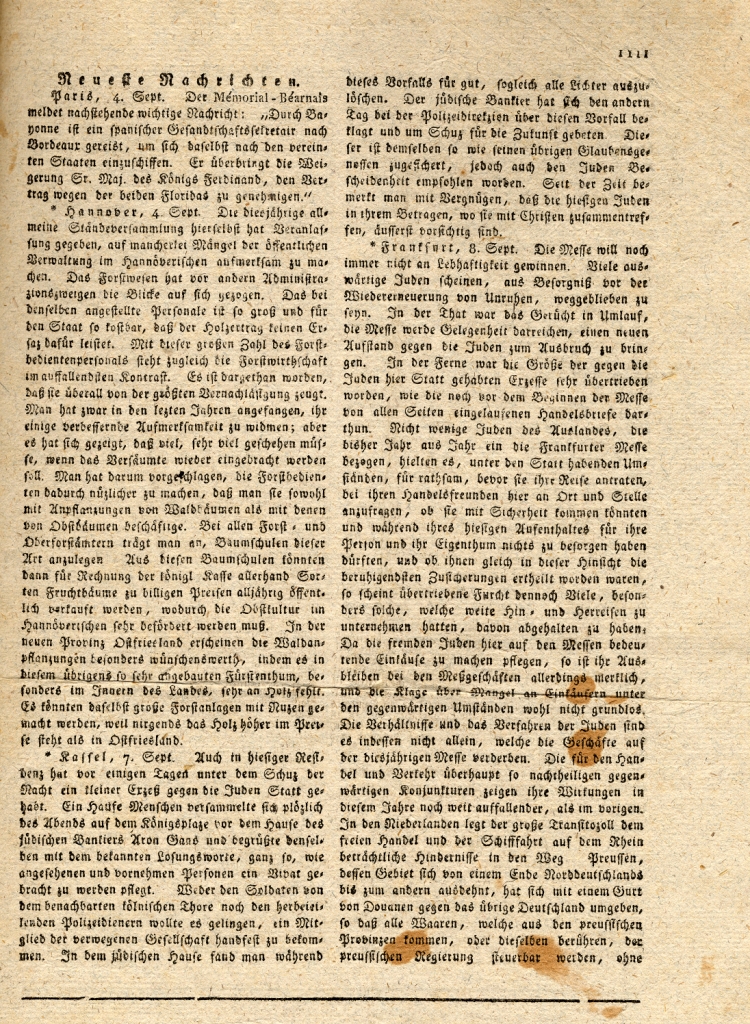 Der Korrespondent von und für Deutschland, Nachrichten aus Kassel und Frankfurt, Nr. 254, 11. September 1819
