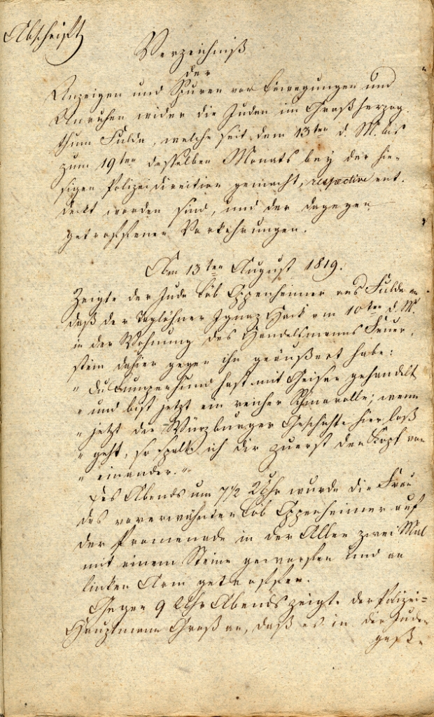 Situationsbericht der Polizeidirektion Fulda für die Zeit des 13.-24. August 1819, ausgefertigt vom Polizeidirektor Scheffer in Fulda, 1819