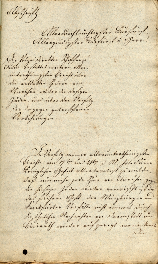 Bericht an den Kurfürst Wilhelm I. über die Unruhen in Fulda, ausgefertigt vom Polizeidirektor Scheffer, vom 21. August 1819