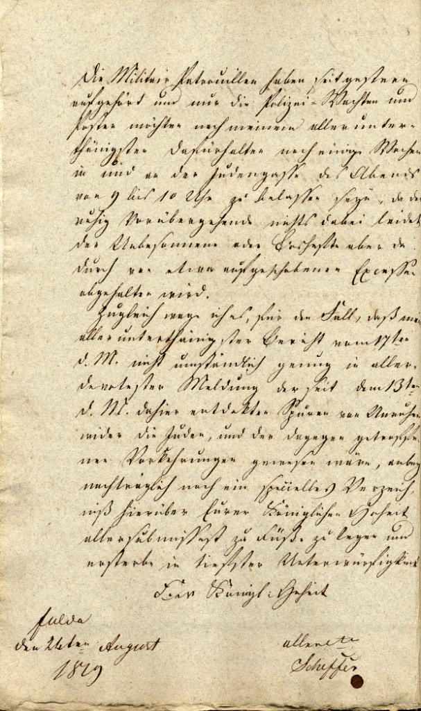 Bericht an den Kurfürst Wilhelm I. über die Unruhen in Fulda, ausgefertigt vom Polizeidirektor Scheffer, vom 21. August 1819