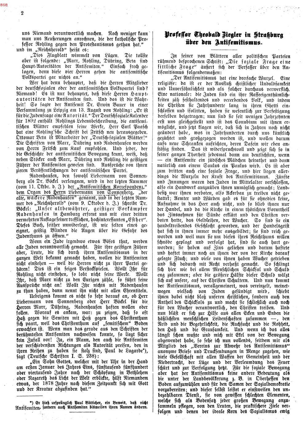 Artikel "Antisemitisches Christenthum und christlicher Antisemitismus" in den Mitteilungen aus dem Verein zur Abwehr des Antisemitismus, 21. Oktober 1891.