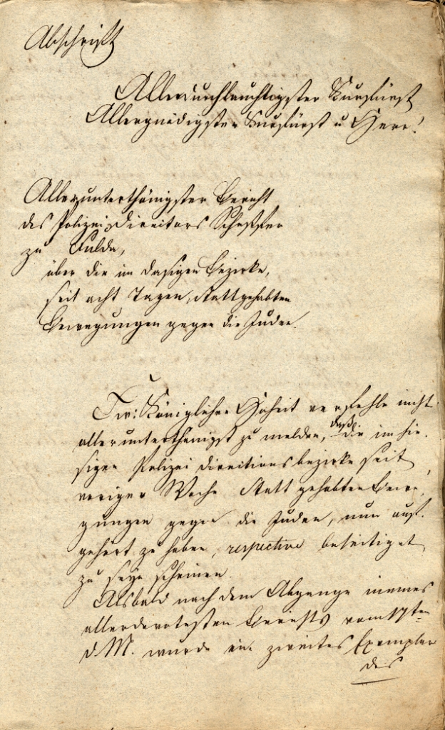 Bericht an den Kurfürsten über die Lage in Fulda, ausgefertigt vom Polizeidirektor Scheffer von Fulda, 21. August 1819