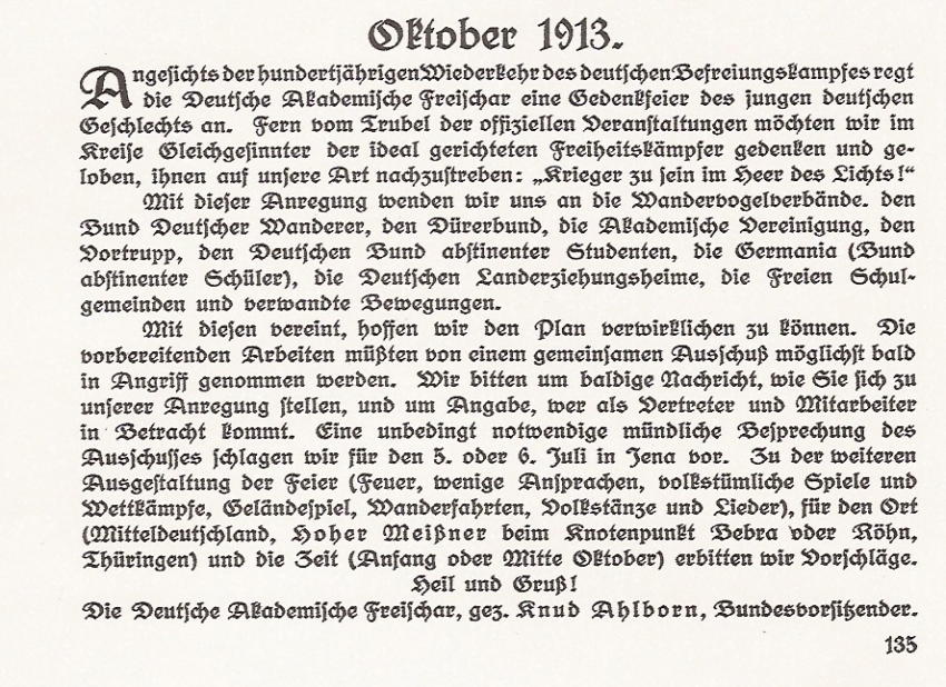 Initiationsaufruf zum Freideutschen Jugendtag, Deutsche Akademische Freischar (Knud Ahlborn), 1913