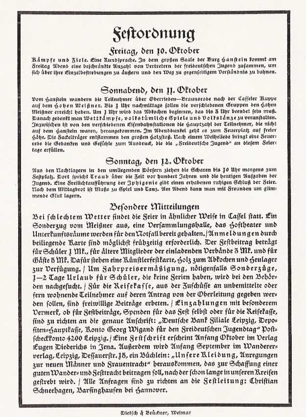 Aufruf mit Einladung und Programm zum Freideutschen Jugendtag 1913, Jahrhundertfeier auf dem Hohen Meißner am 11.-12.Oktober 1913
