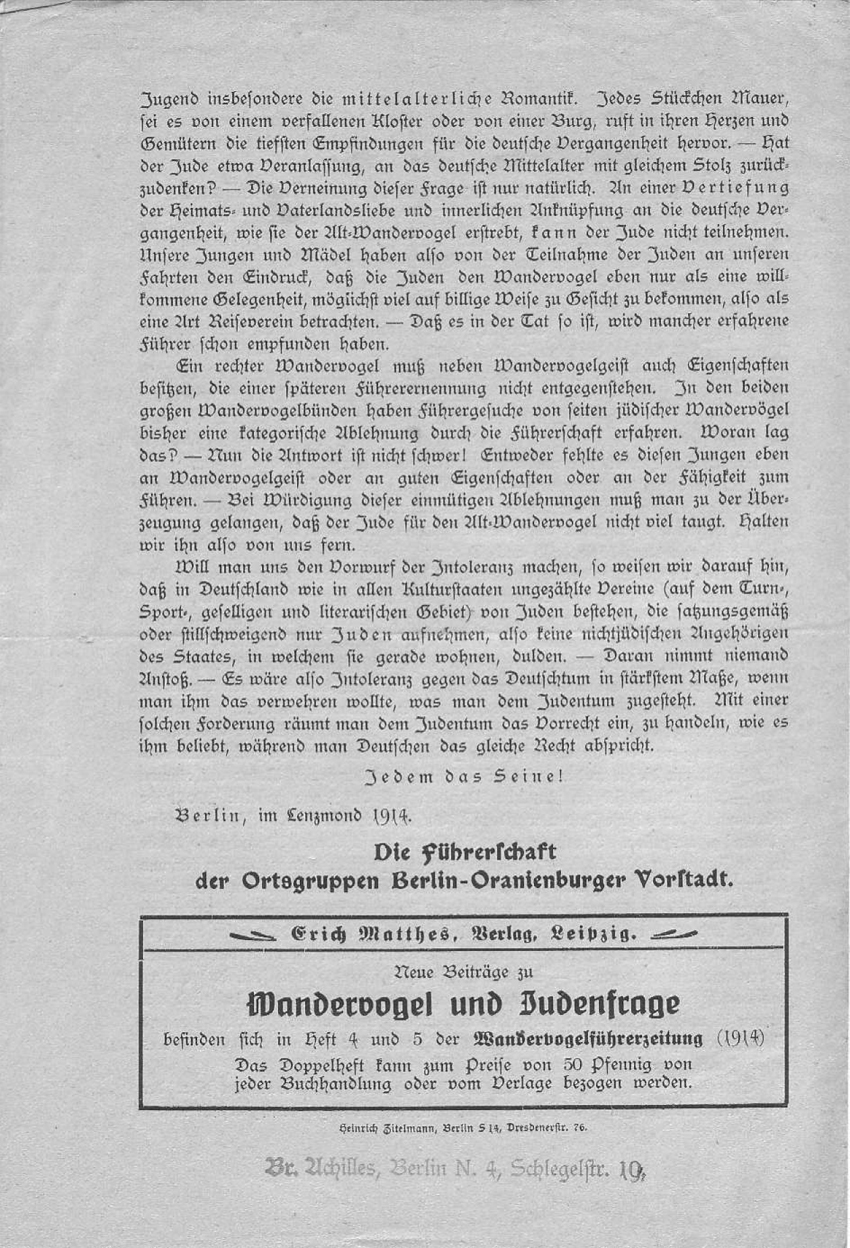 "Der Alt-Wandervogel deutsch völkisch."

Flugblatt des Alt-Wandervogel Ortgruppe Berlin-Oranienburger Vorstadt 1914