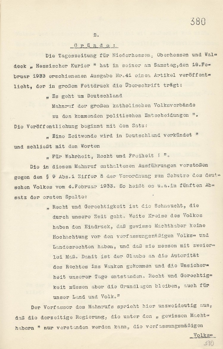 Verbot der Tageszeitung „Hessischer Kurier“, Kassel, bis einschliesslich 22.02.1933