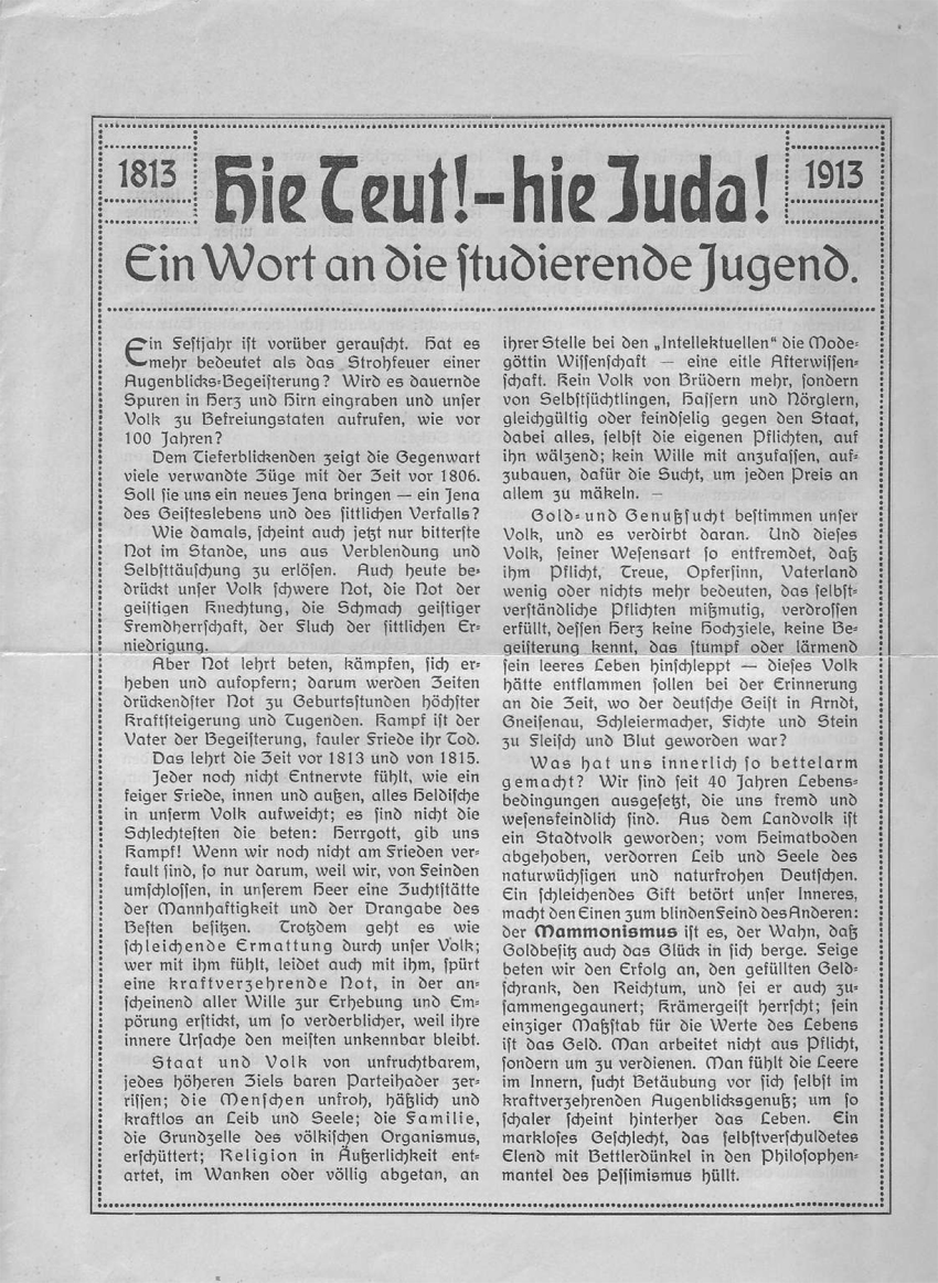 "Hie Teut! - Hie Juda!"
Flugblatt des Reichshammerbundes 1913