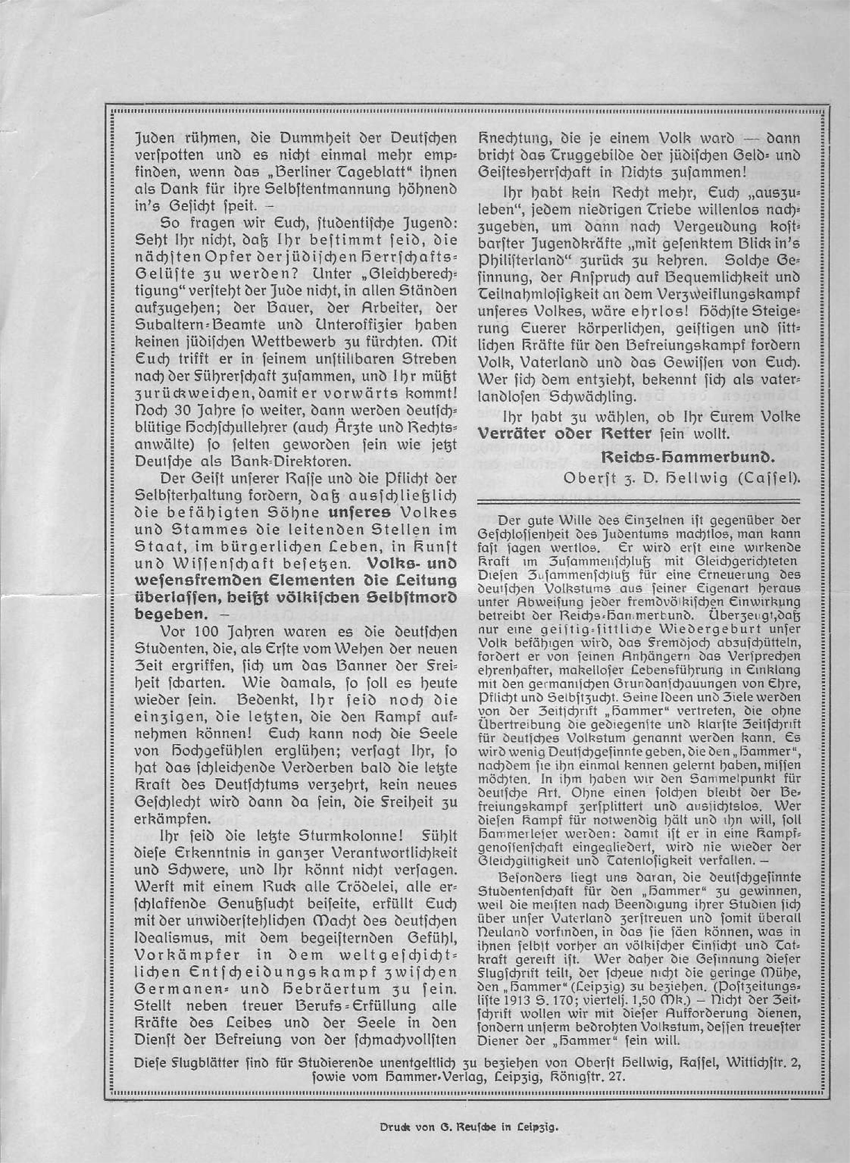 "Hie Teut! - Hie Juda!"
Flugblatt des Reichshammerbundes 1913