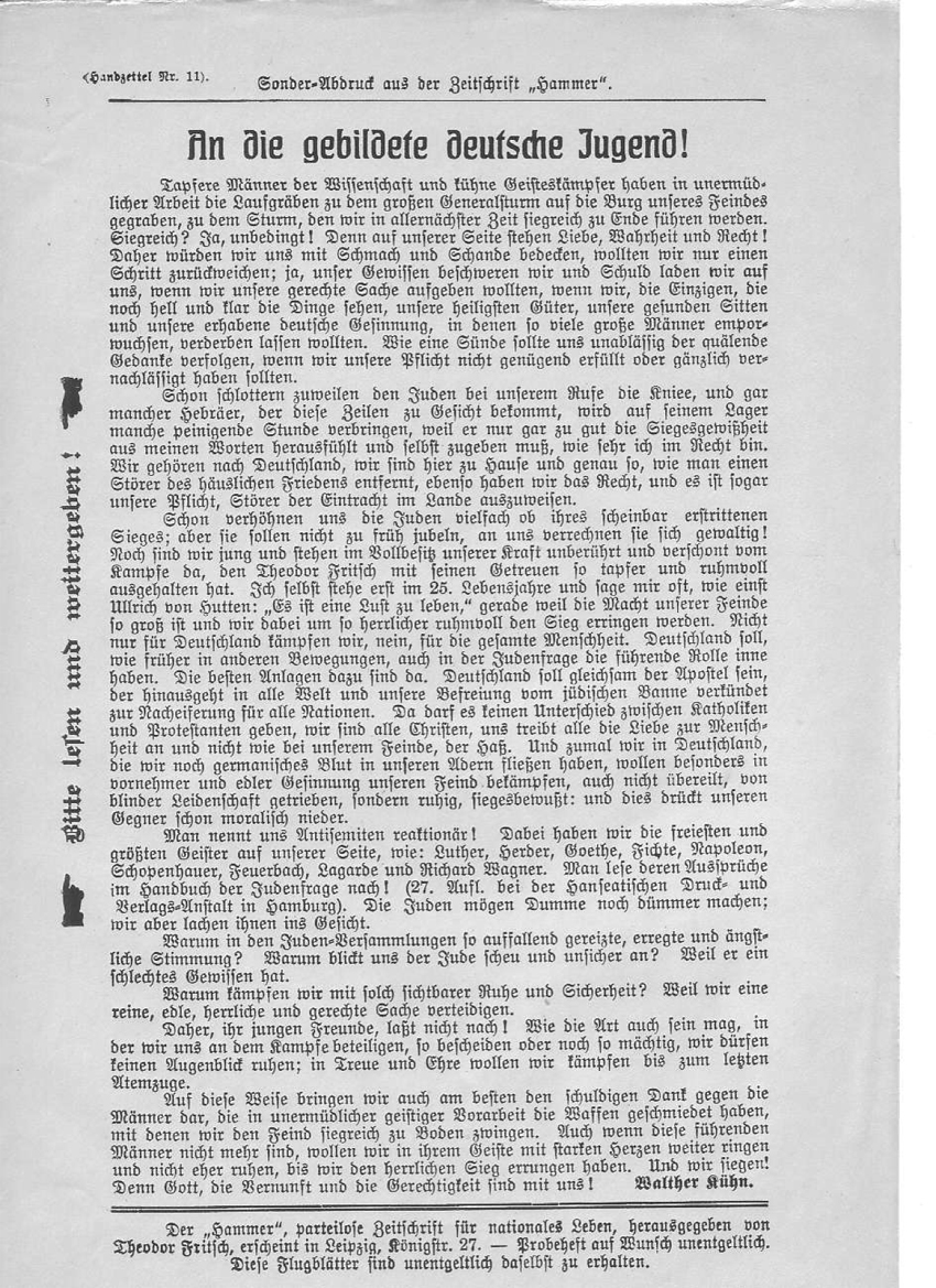 "An die gebildete deutsche Jugend"
Sonderabdruck aus der Zeitschrift Hammer, Nr. 276 von 1913