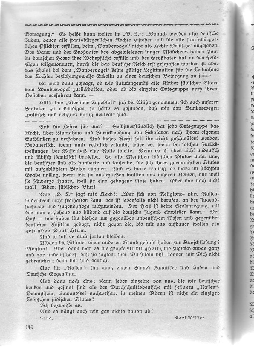 Artikel "Unklug" von Karl Wilker aus: "Wandervogel-Führerzeitung" Nr.8/1913
