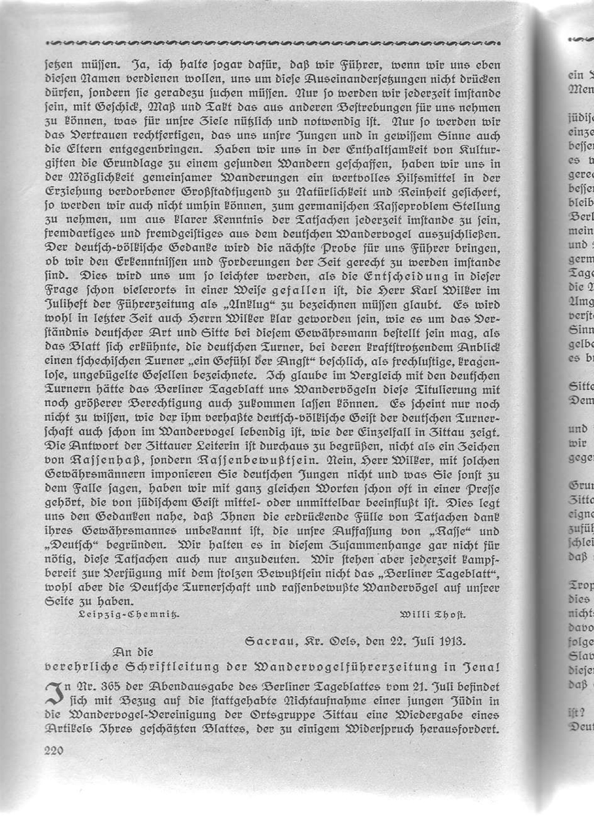 Artikel "An die verehrliche Schriftleitung der Wandervogelführerzeitung in Jena"
aus: "Wandervogel-Führerzeitung" Nr.11/1913