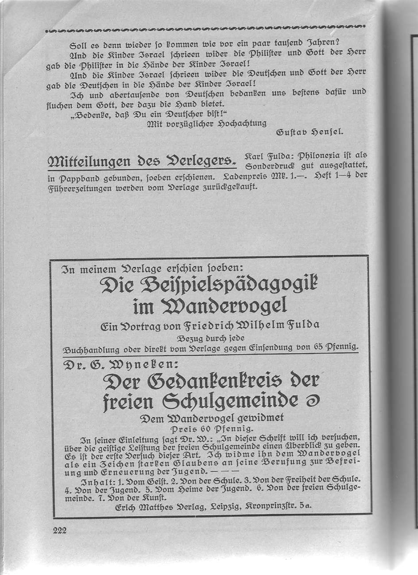 Artikel "An die verehrliche Schriftleitung der Wandervogelführerzeitung in Jena"
aus: "Wandervogel-Führerzeitung" Nr.11/1913