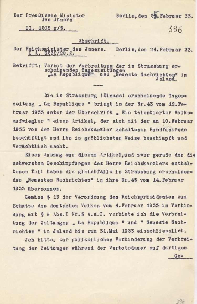 Verbot der Zeitungen "La Republique" und "Neueste Nachrichten" (Strassburg)