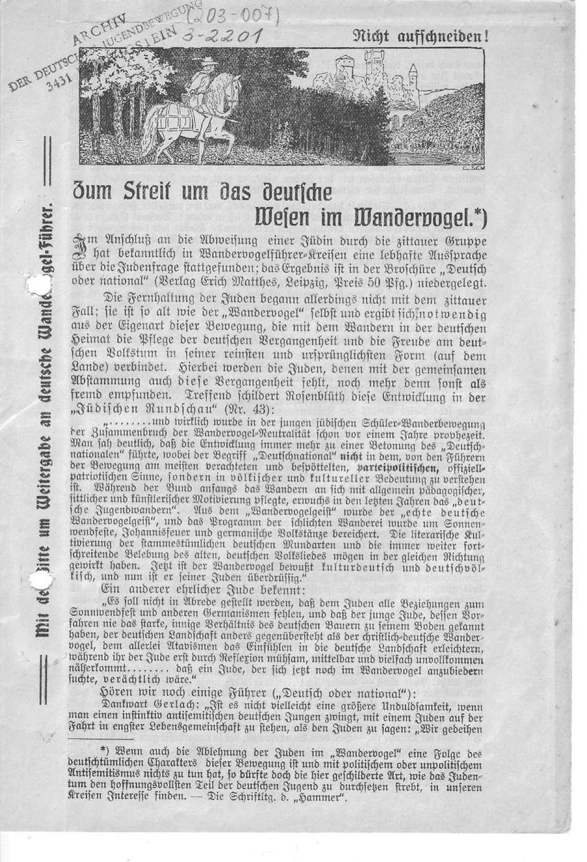"Zum Streit um das deutsche Wesen im Wandervogel."
Flugschrift von Paul Erlach 1914