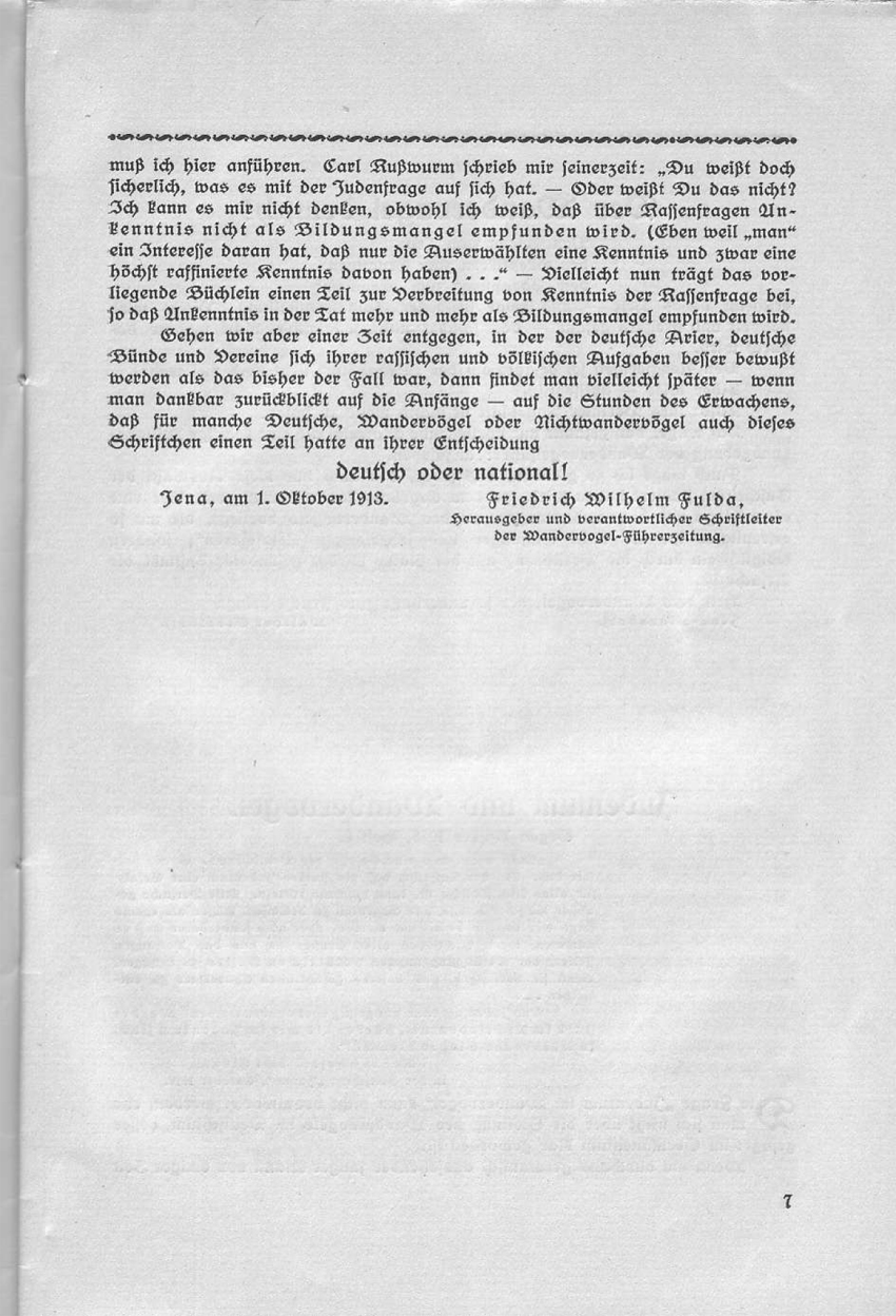 Vorwort zu: "Deutsch oder national! Beiträge des Wandervogels zur Rassenfrage."
Herausgegeben von Friedrich Wilhelm Fulda 1914