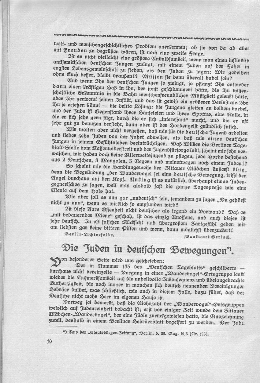 Artikel "Die Juden in deutschen Bewegungen" in: "Deutsch oder national! Beiträge des Wandervogels zur Rassenfrage."
Herausgegeben von Friedrich Wilhelm Fulda, 1914
