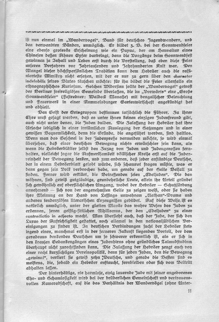 Artikel "Die Juden in deutschen Bewegungen" in: "Deutsch oder national! Beiträge des Wandervogels zur Rassenfrage."
Herausgegeben von Friedrich Wilhelm Fulda, 1914