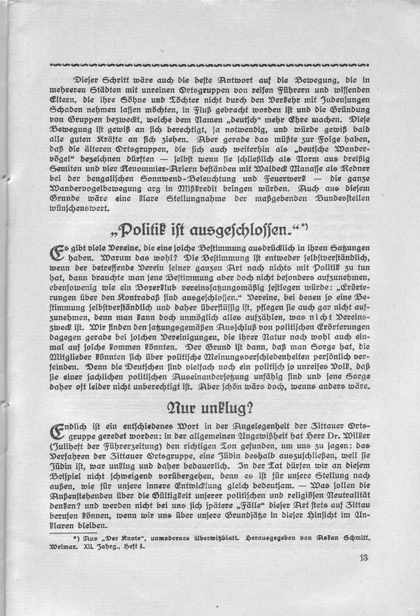 Artikel "Die Juden in deutschen Bewegungen" in: "Deutsch oder national! Beiträge des Wandervogels zur Rassenfrage."
Herausgegeben von Friedrich Wilhelm Fulda, 1914